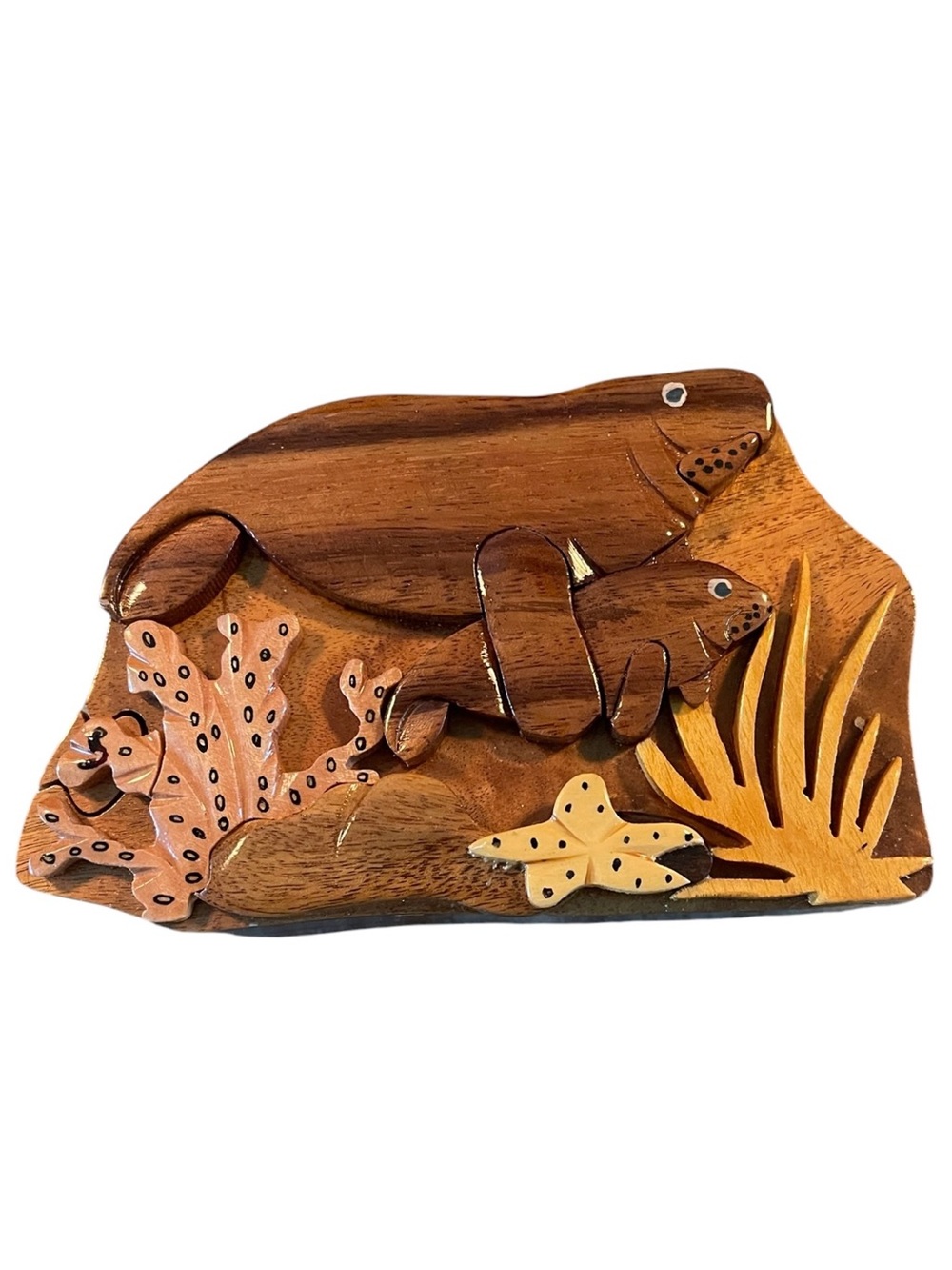 Carved Wooden Manatee Mom and Baby Calf Puzzle Treasure Stash Box Jewelry